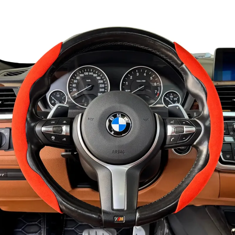 Luxus Car Mats Alcantara Minimalist Steering Wheel Cover, Corsa Grip, Rosso red color close-up