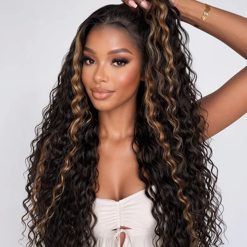 Megalook 13x6 honey blonde money piece glueless wig with bohemian curls