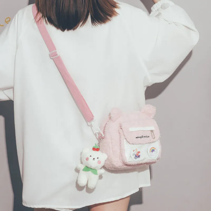 Juwas Bear Pattern Furry Crossbody Bag shown open displaying interior capacity and plush exterior texture