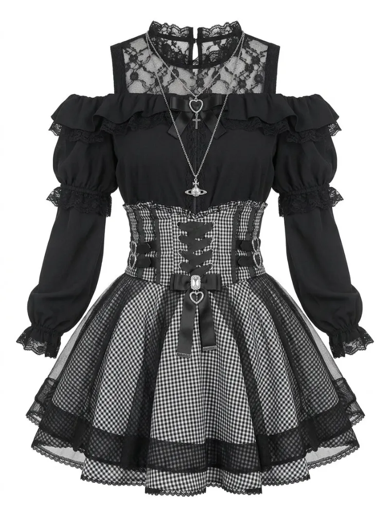 Shoptery Jirai Kei Gothic Lace & Gingham Cold-Shoulder Corset Mini Dress Set with ruched off-shoulder neckline and criss-cross detailing