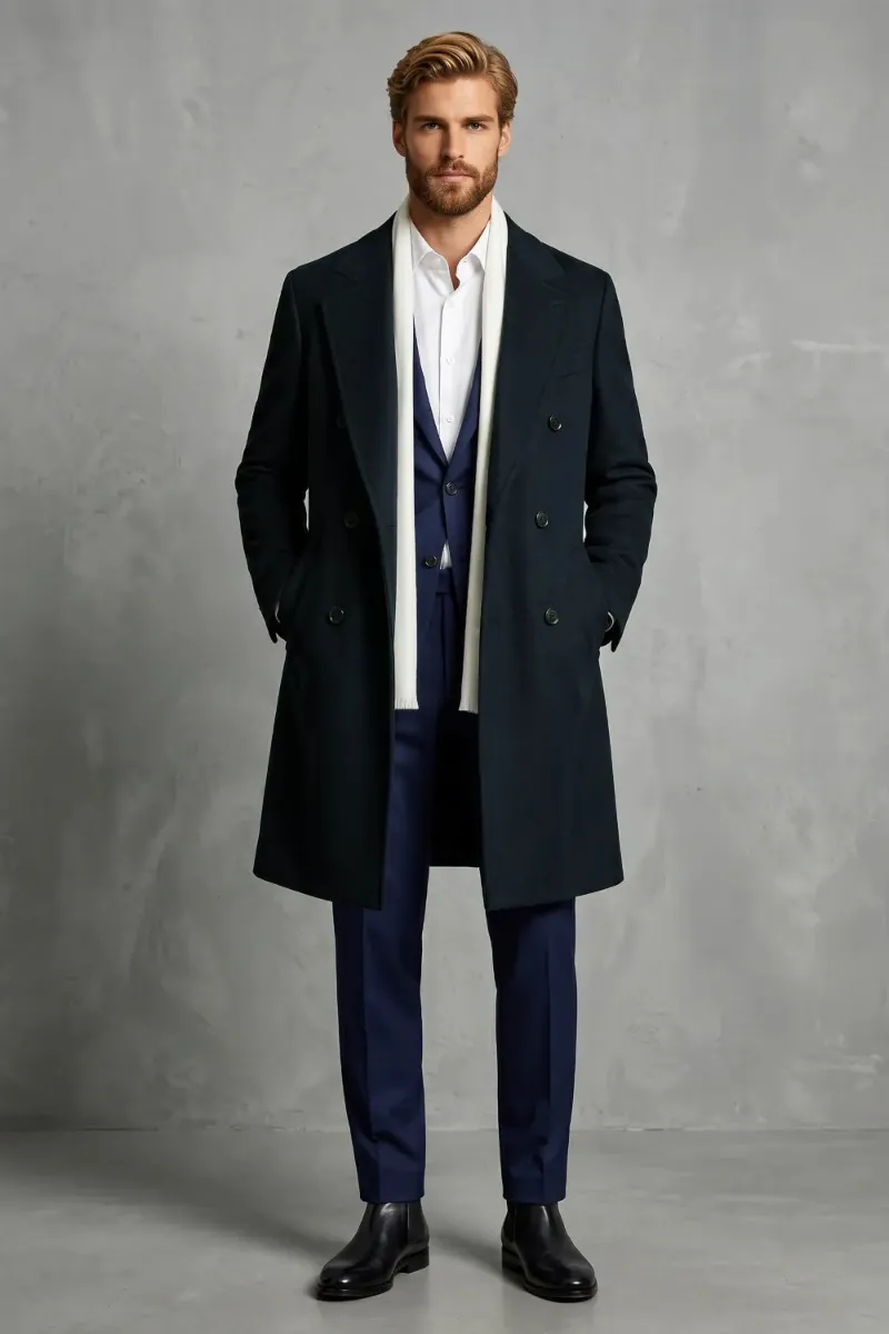 Wehilion Men's Smart Casual Long Coat Overcoat, a black double-breasted longline overcoat with gold buttons