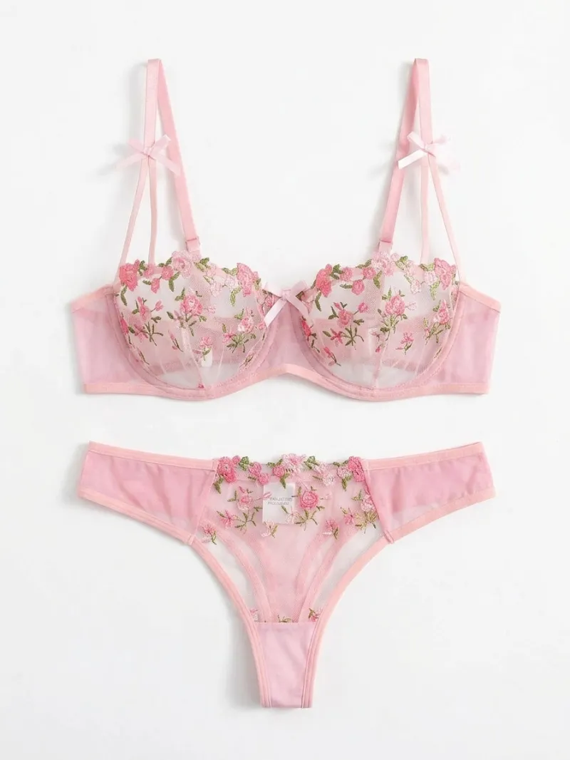 Cottagecore Clothes Ethereal Embroidered Lingerie Suit in blush pink with floral embroidery on sheer mesh