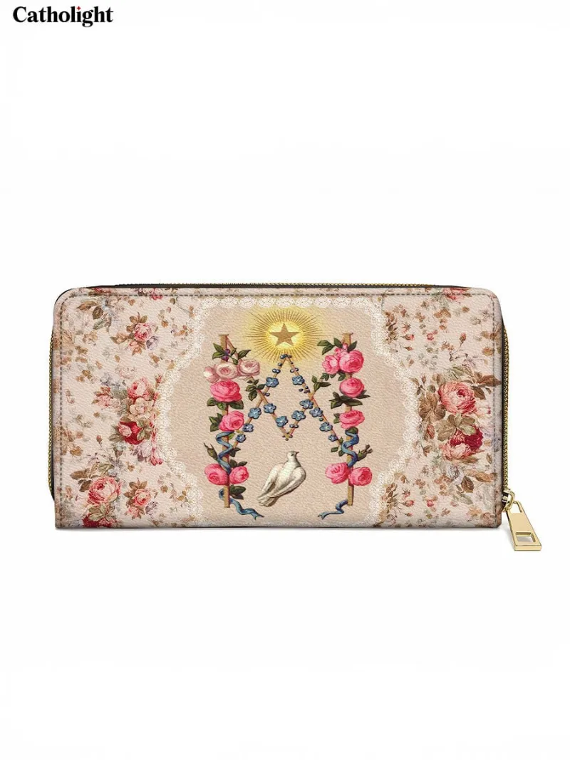 Catholight Roses of the Rosary Leather Wallet Purse with Marian symbol, blue bead rosary, and rose design