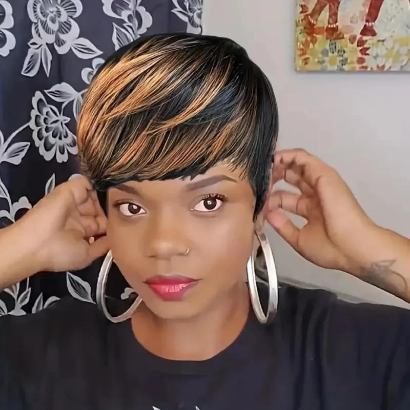 Hairsofly Shop (Bastet) 1B/30 Ombre Straight Pixie Human Hair Wig with Bangs showing short ombre pixie