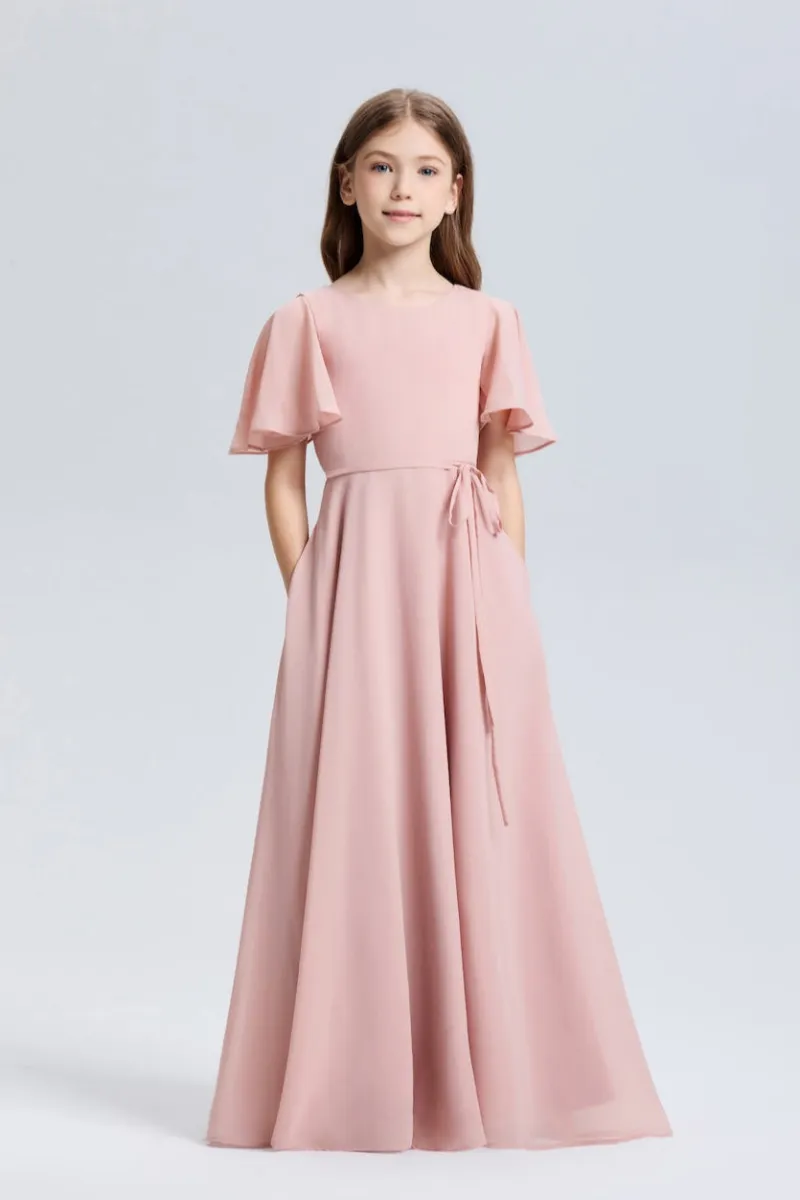 Wehilion Graceful Ruffle Sleeves Chiffon Flower Girl Dress shown as a ruffle-sleeved chiffon gown