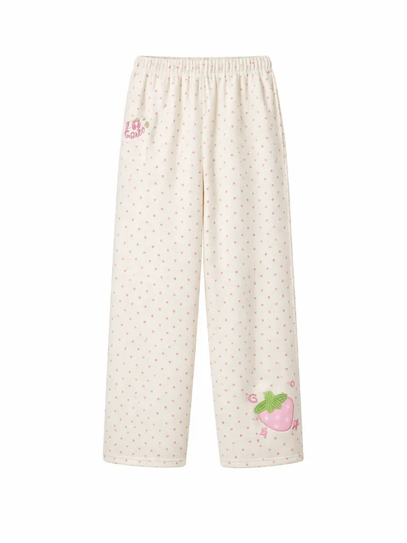 Shoptery Fairy Kei Pastel Polka Dot Strawberry Embroidery Wide-Leg Pants with dreamy relaxed silhouette