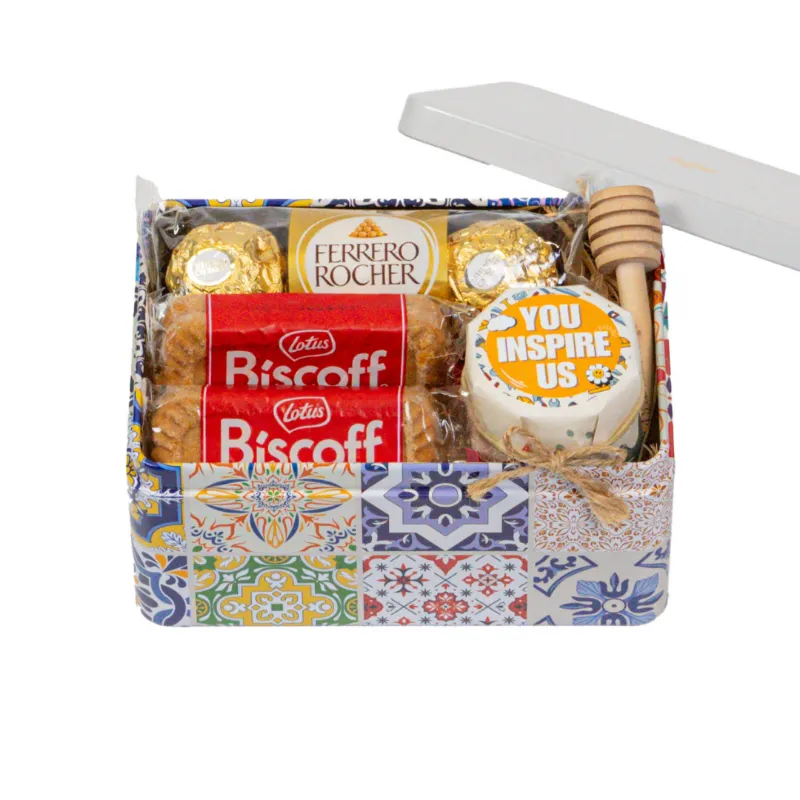 HoneySpree Inspiration Sweet Treat Tin with honey, chocolates, and cookies
