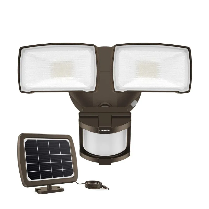 Lepower Tec Solar Powered Motion Sensor Security Flood Light Adjustable Heads showing dual lampheads on solar panel base