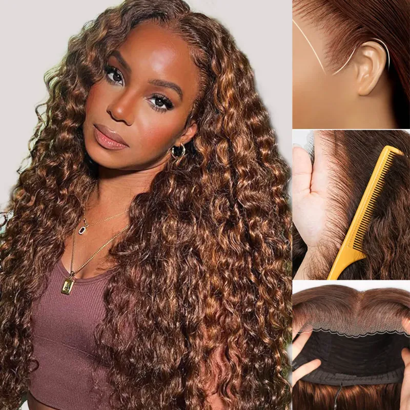 Megalook 13x6 Three-Go glueless wig dark brown with honey highlights, water wave texture shown on model