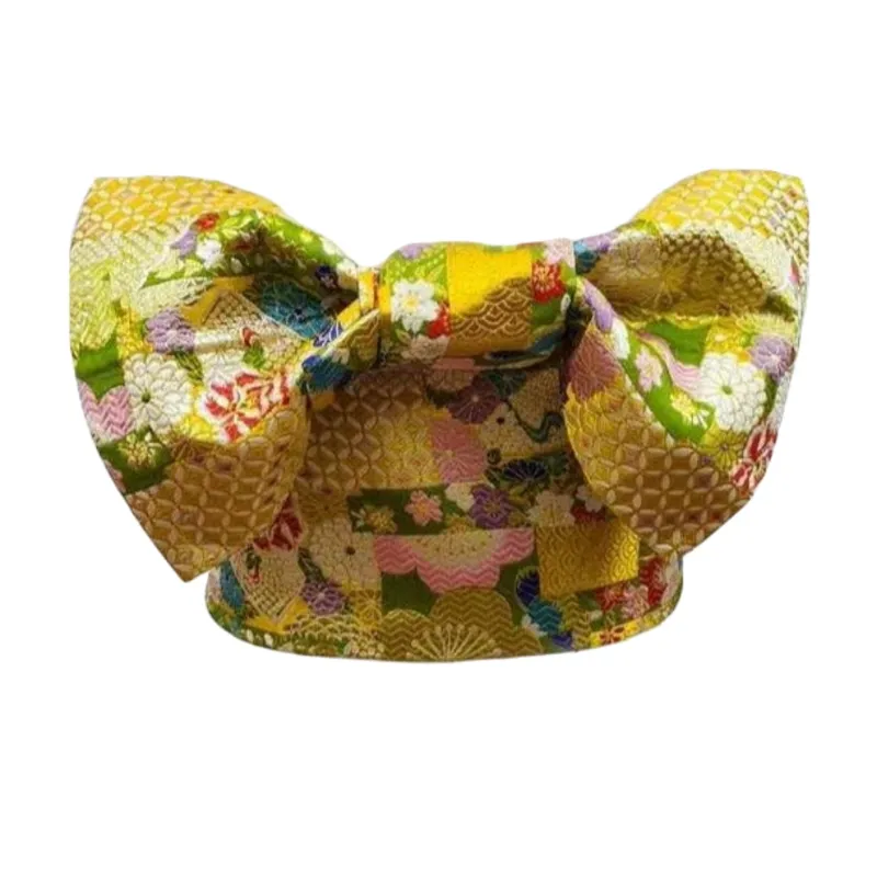 Foxtume Premium Yellow Pre-Tied Obi Yukata Waistband in yellow satin with traditional pattern