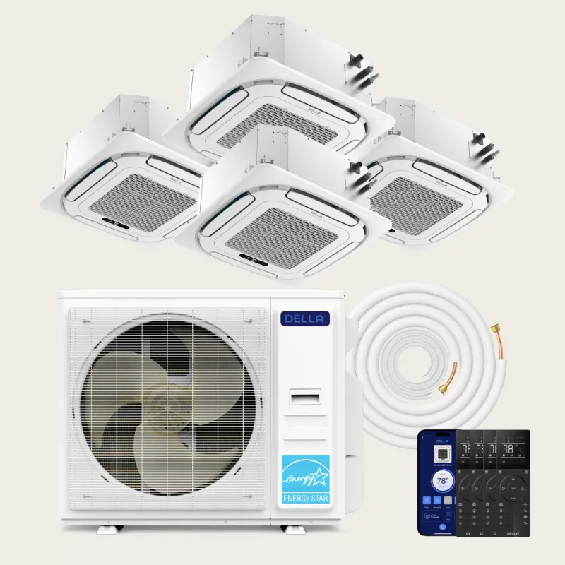Della Home 36000 BTU Quad Zone Ceiling Cassette Mini Split AC with four indoor cassette units