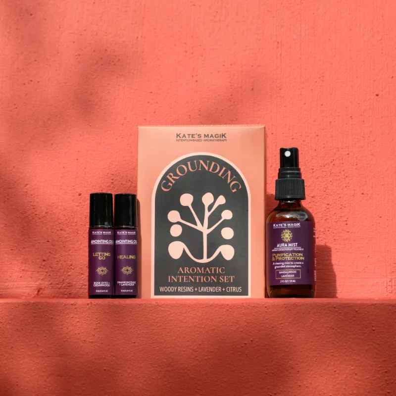Kates Magik Grounding Aromatic Intention Set with mist and two anointing oil roll-ons