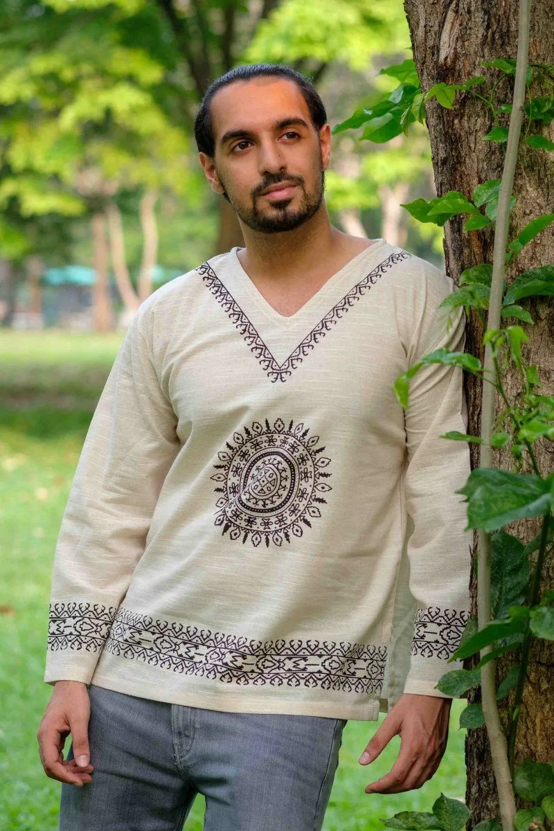Hippie Pants White Mandala Shirt with large mandala print on front and patterned sleeves