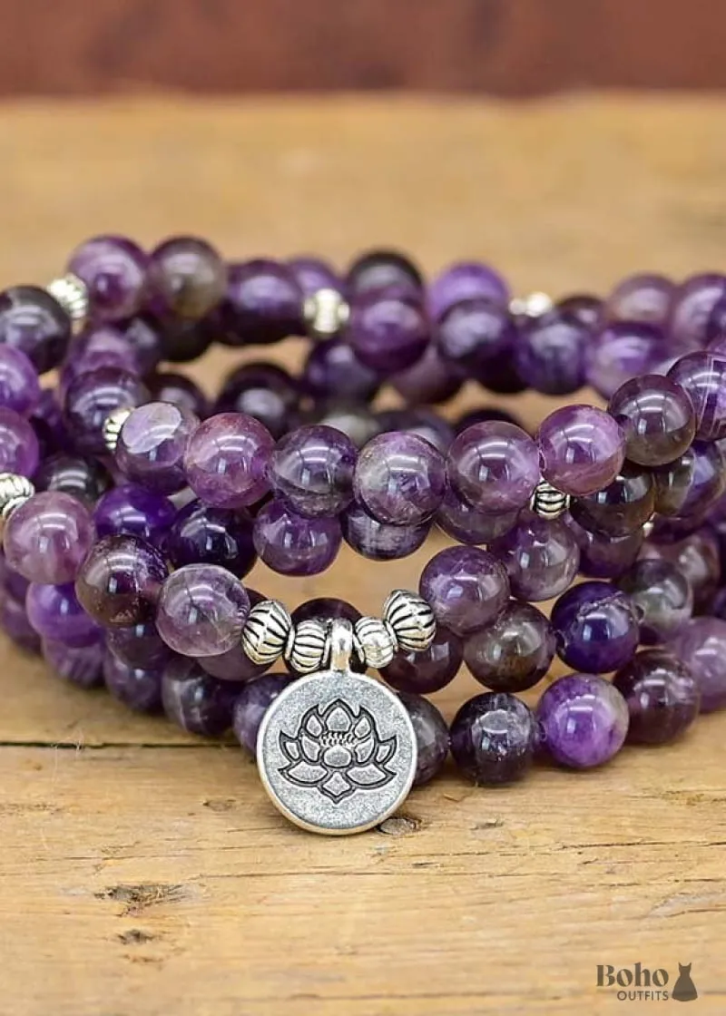 Boho Dress Amethyst Mala Beads 108 Lotus Necklace with natural amethyst beads and stainless steel lotus pendant