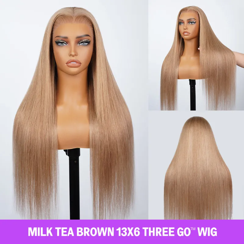 Megalook 13x6 Three-Go milk tea brown silky straight glueless wig with drawstring