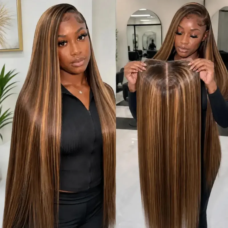 Hairsofly Shop (Awareness) 4/27 Highlight Straight Human Hair HD Lace Front Wig showing honey blonde highlights