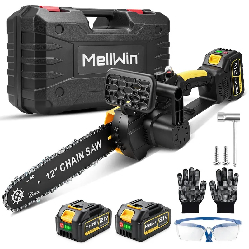 NewBeny 21V 12 Inch Brushless Cordless Chainsaw with Oiler on wooden surface