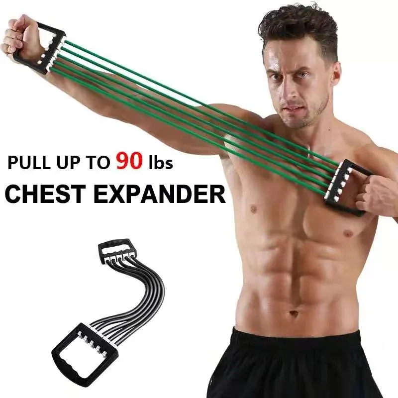 PUPU Sports Chest Expander Rope Tube Resistance Bands showing adjustable muscle builder set with handles