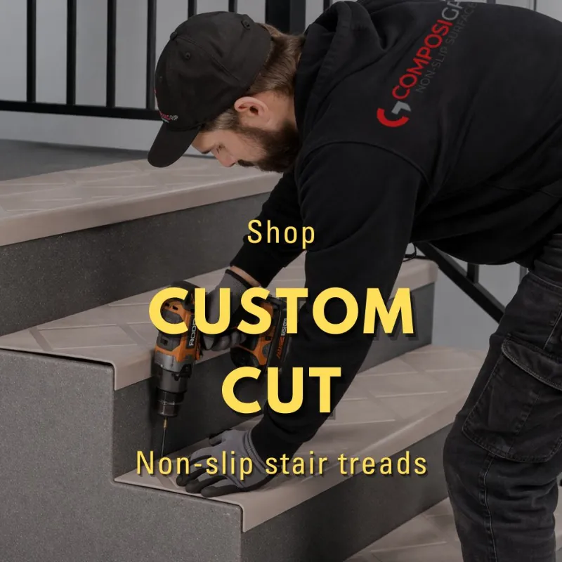 ComposiGrip 1 Piece Custom Cut Non-Slip Stair Treads, a custom-cut anti-slip stair cover on a step