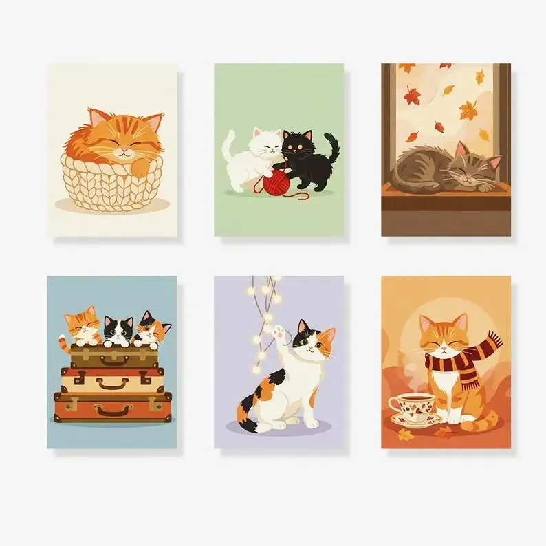 Maikoo Art 6 Mini PBN Sleeping cat Framed paint by numbers kit with six small framed canvases