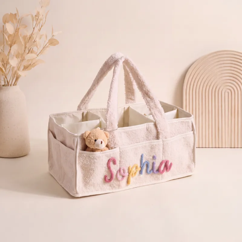 MamaRaya Personalized Baby Diaper Caddy with custom name detail in cotton rope