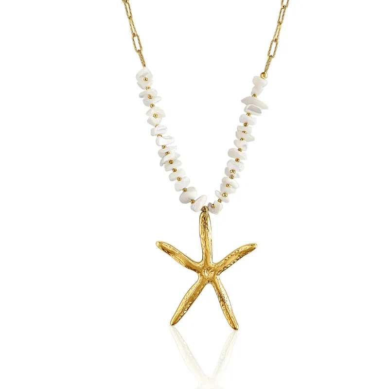 DORSYA Fuerteventura Starfish Shell Necklace with textured gold starfish pendant on natural shell bead strand