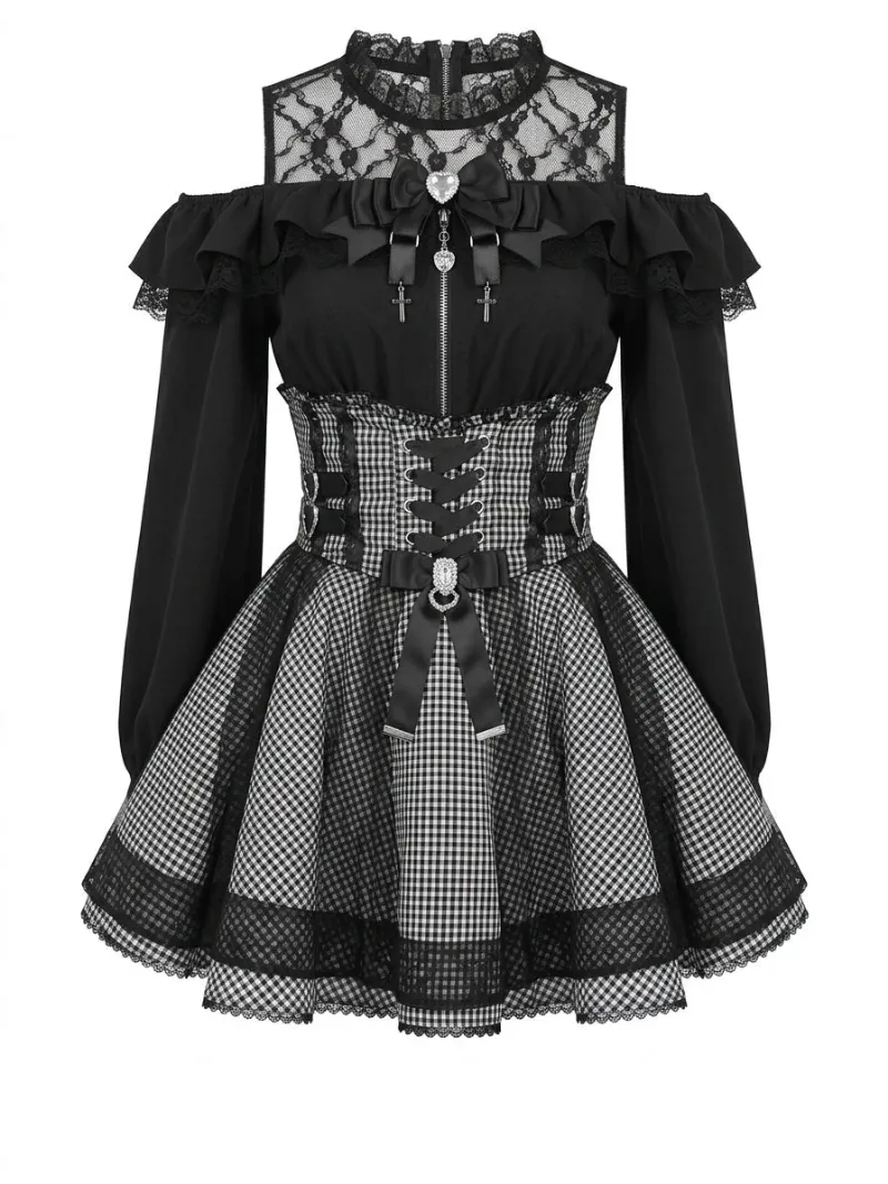 Shoptery Jirai Kei Gingham Lace-Up Corset Dress with Off-Shoulder Lace Blouse showing plaid skirt and lantern sleeves