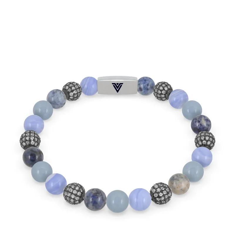 VOLTLIN Cerulean Sirius Stretch Bracelet close-up of blue stone beads on elastic cord with logo bead