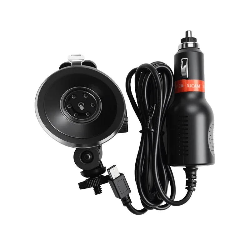 SJCAM Car Charger with a Suction Cup showing charging cable and suction mount