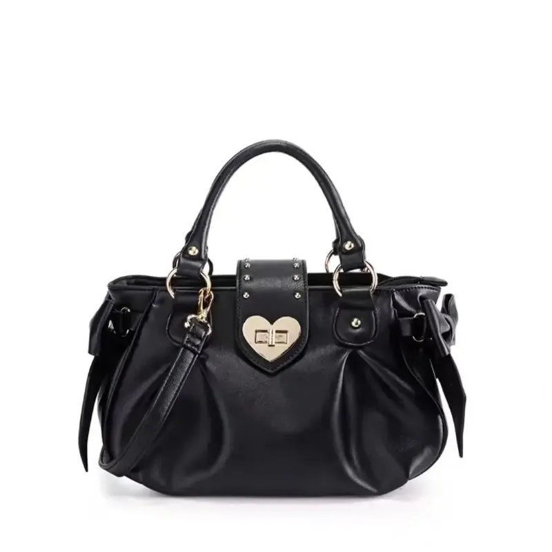 Shoptery Jirai Kei Pink Heart Lock Bow Handbag with gold studs, sequins, and adjustable strap