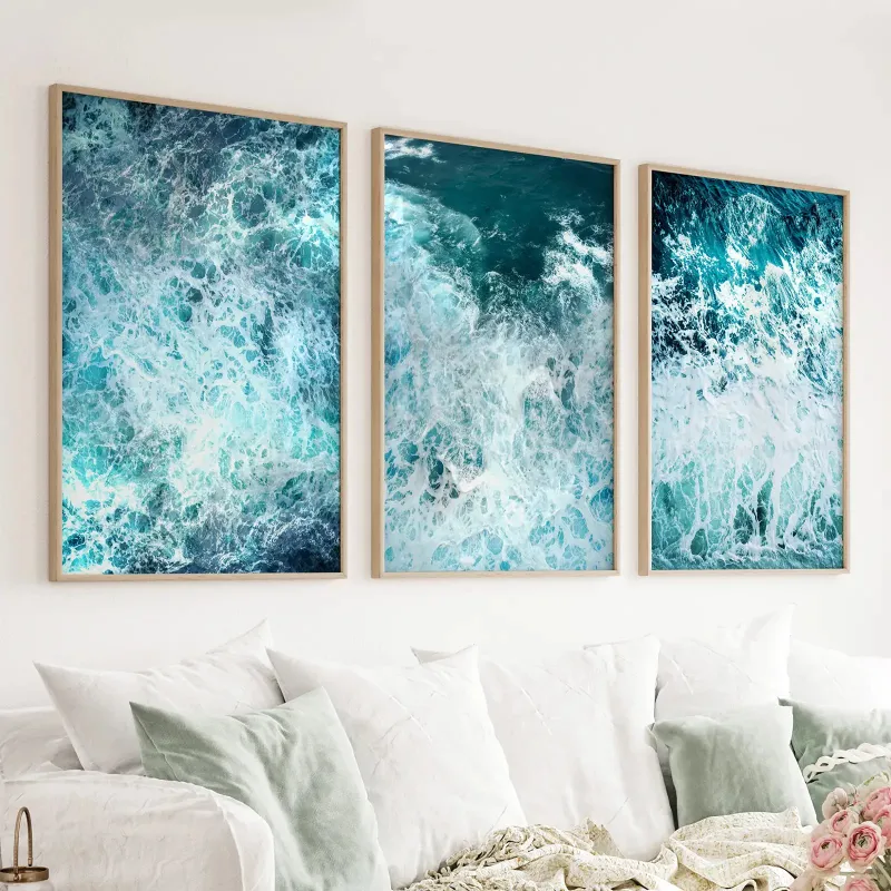 Wall Art Set 3 Piece Blue Minimalist Ocean Waves Large Wall Decor