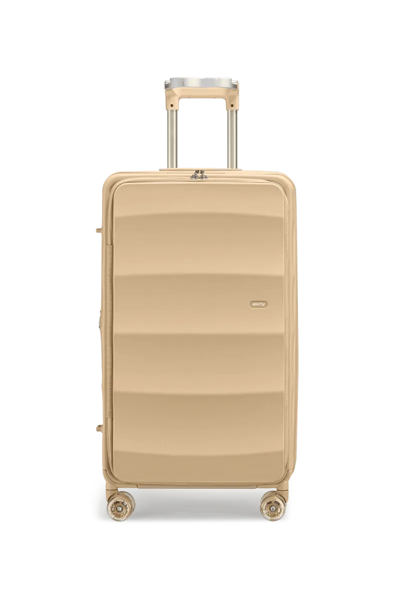 4MYTU Tank Trunk in Sandstorm, a large polycarbonate top-opening suitcase with spinner wheels