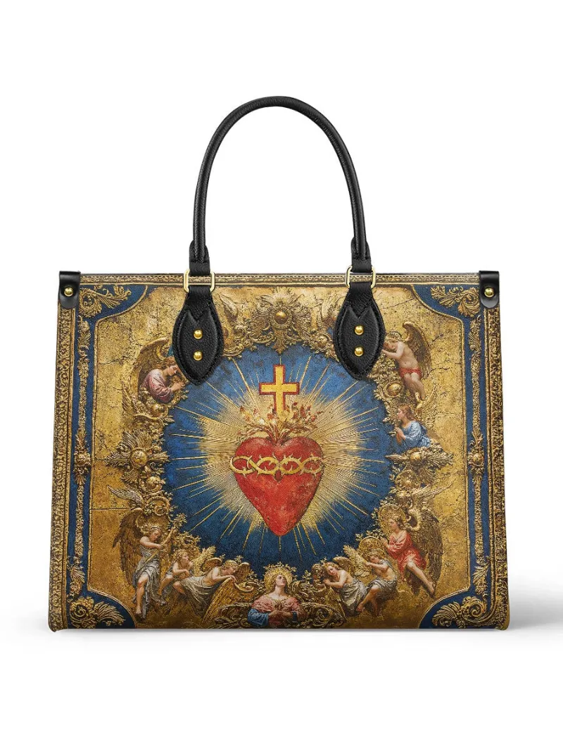 Catholight Sacred Heart of Divine Love Leather Bag featuring Sacred Heart design with gold baroque detailing and angels