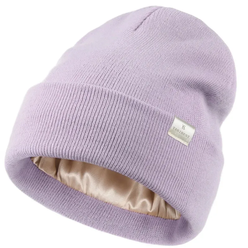 Yanibest Butter Satin Lined Knit Skull Beanie in Lavender Purple shown on model