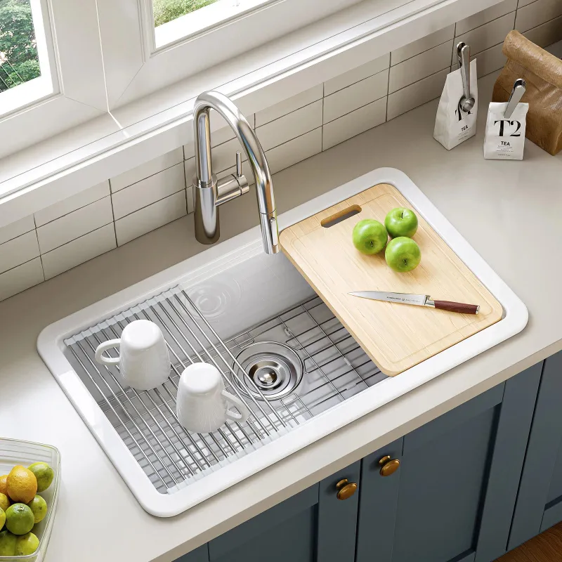 HOROW 33 Inch Ceramic Overmount Kitchen Sink with built-in ledge on kitchen counter