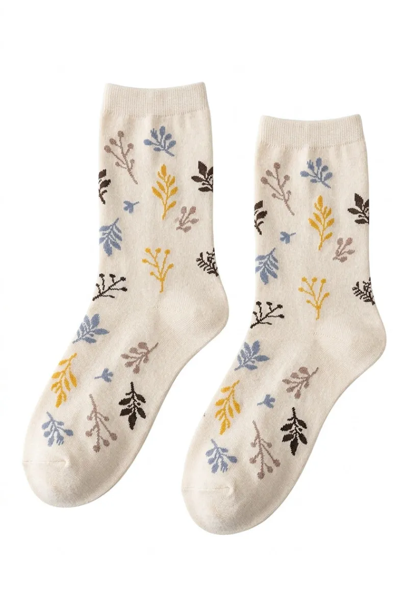 Cottagecore Clothes Cottagecore Crew Sock with botanical sprig print on cream background