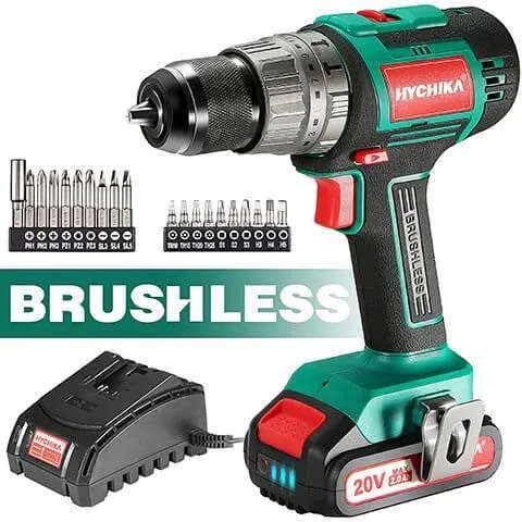 HYCHIKA Cordless Brushless Hammer Drill Sets 2.0 AH Battery 18V/20V power drill with accessories