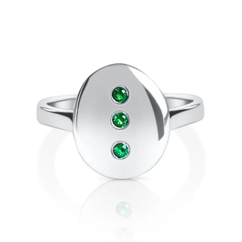 DORSYA May Birthstone Signet Ring with Emerald showing hand-textured sterling silver coin top with three emerald gemstones