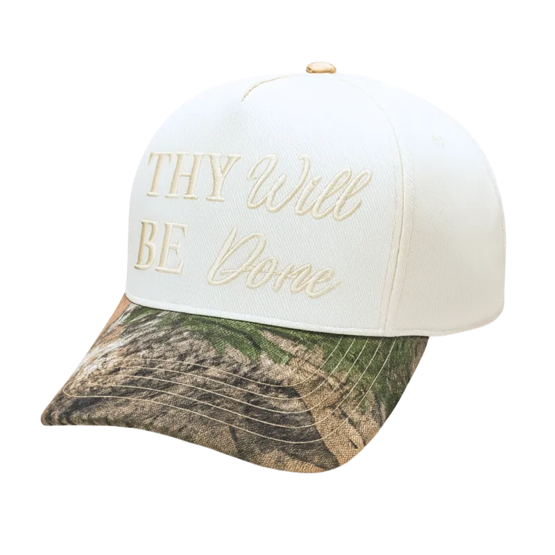 We The Believers Thy Will Be Done 5 Panel Embroidered Hat with cream front panel and camo brim
