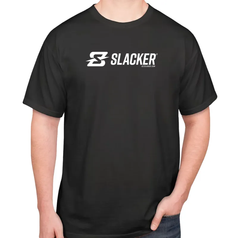 Slacker Short Sleeve T-Shirt in black with white front and back prints