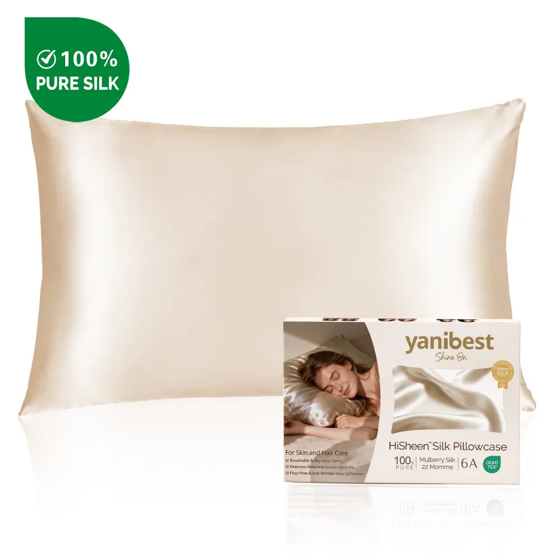 Yanibest Mulberry Silk Pillowcase 22MOMME 6A in Champagne, showing zipper closure and silky sheen