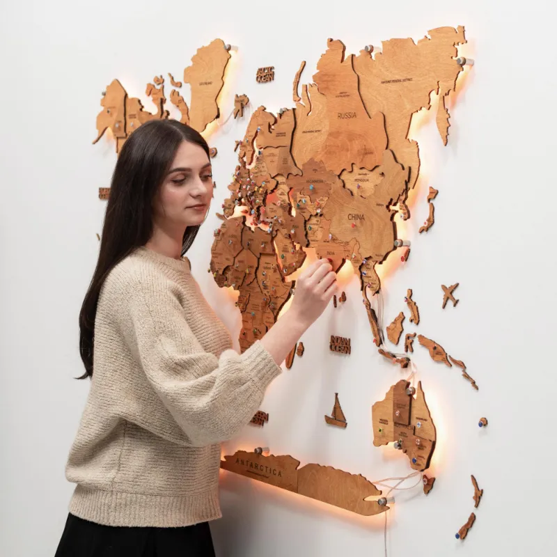 Enjoy The Wood 3D LED Wooden World Map 3.0 Oak with interactive backlight on wall