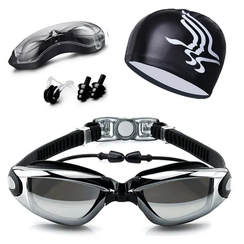 PUPU Sports Anti-Fog Swimming Goggles with Ear Plugs Nose Clip Cap UV Protection complete set displayed