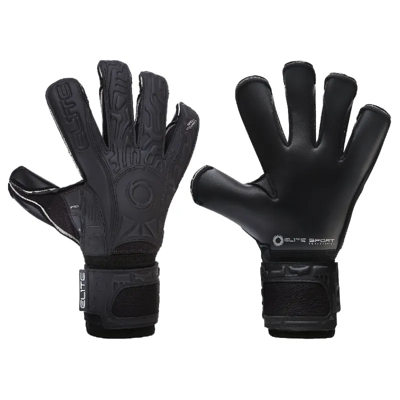 EliteSportUSA Black Solo 2024-2025 Goalkeeper Gloves showing NRoll cut palm and backhand design