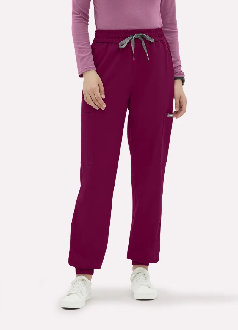 COMENII DynaComfort™ 6-Pocket Jogger Scrub Pant shown front and back, highlighting the jogger cuffs and multiple pockets