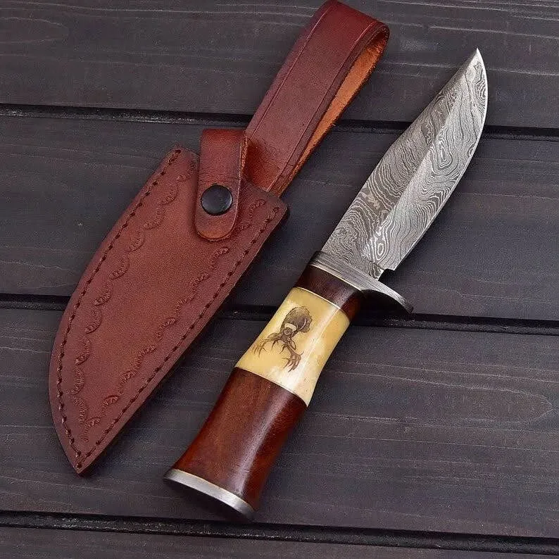 MyHackerTech Exquisite Custom Handmade Damascus Hunting Knife with engraved bone-rose wood handle