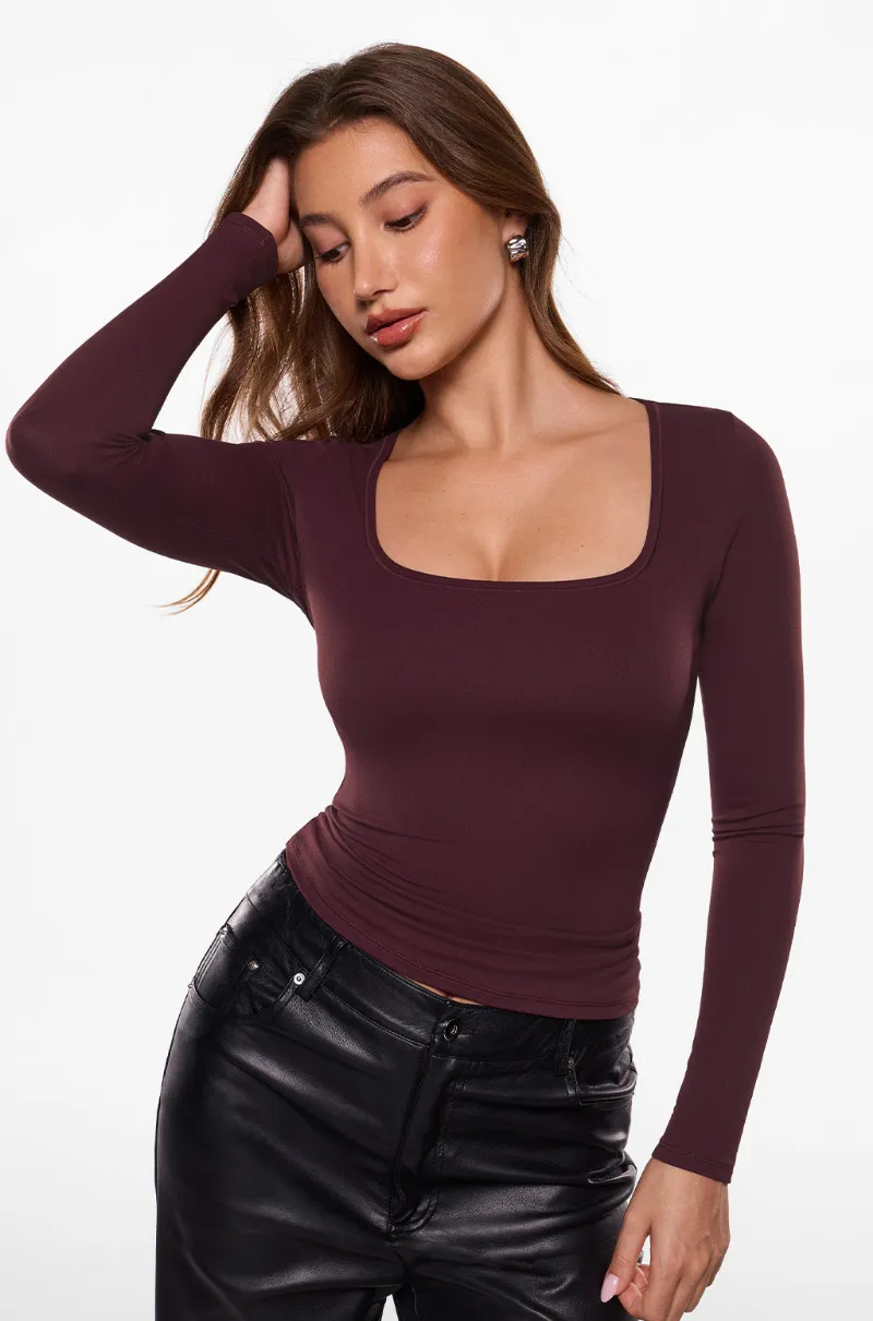 Essenther Global Airsoft Long Sleeve Square Neck Tops with refined square neckline and slim fit