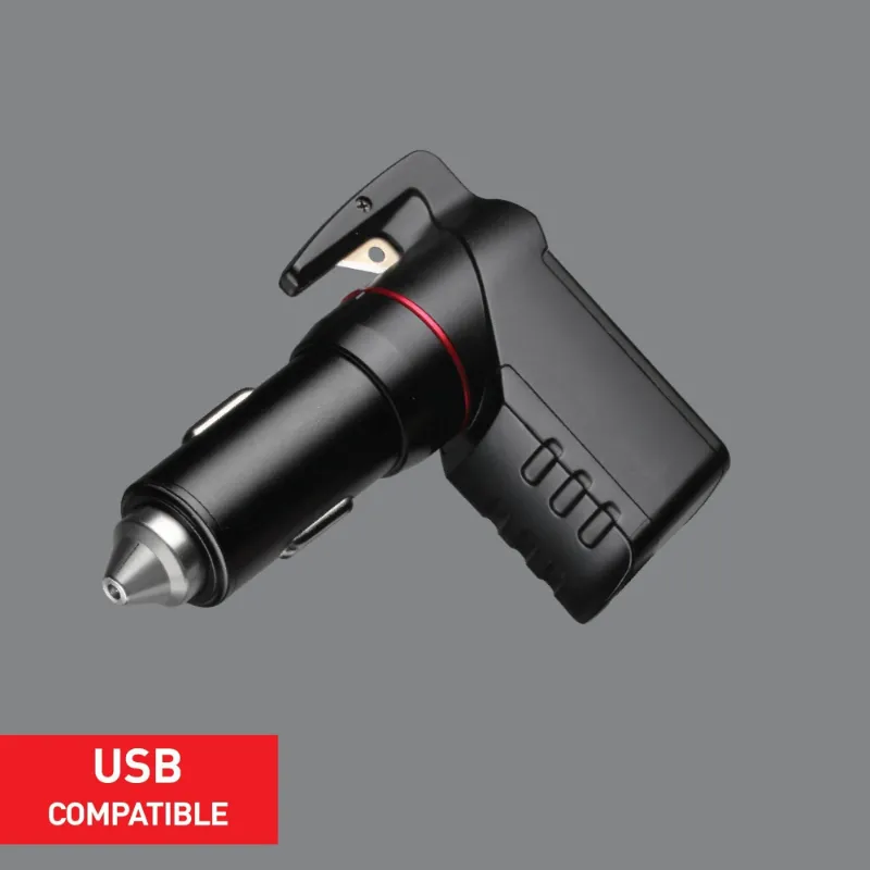 The Stinger Tools Stinger Plus USB Car Charger Emergency Tool showing charger port, cutter, and spring breaker