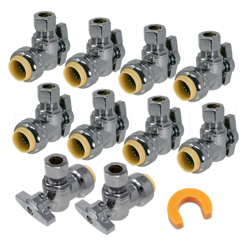 GrillPartsReplacement 10-Pack PushFit Angle Stop Valve 1/2 inch push x 3/8 inch OD comp brass shutoff