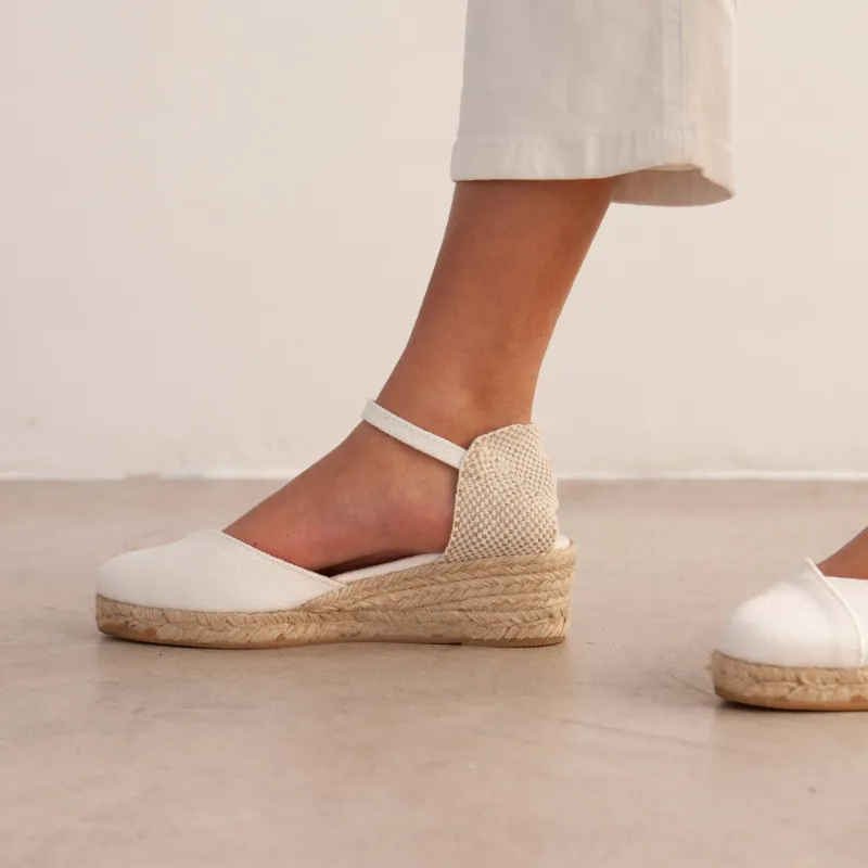 BIANKINA Girona Eco Canvas Vegan Espadrille Wedges in white with ankle strap